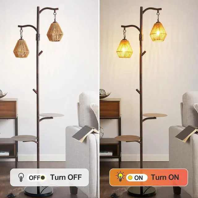 Alt view image 5 of 7 - Hsyile Arc Floor Lamp with Cage Shade,Rattan&Fabric Boho Floor Lamps for Living Room Bedroom,Rust Color Industrial Dimmable Floor Light,Farmhouse Rustic Tall Lamp for Office Reading