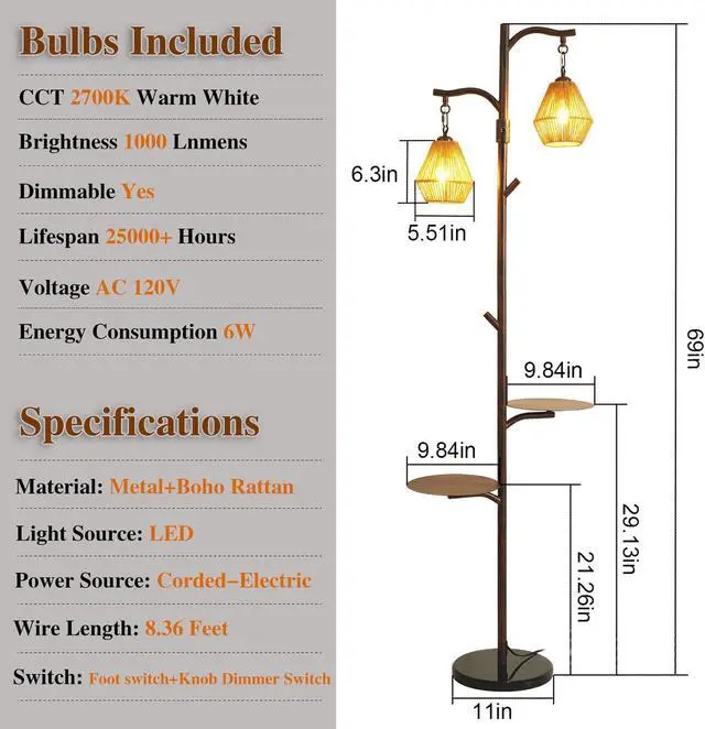 Alt view image 7 of 7 - Hsyile Arc Floor Lamp with Cage Shade,Rattan&Fabric Boho Floor Lamps for Living Room Bedroom,Rust Color Industrial Dimmable Floor Light,Farmhouse Rustic Tall Lamp for Office Reading