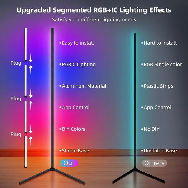 Alt view image 2 of 7 - LED Floor Lamp,RGB Corner Floor Lamp with APP and Remote Control,16 Million DIY Colors&Ambient Lighting,Music Sync,Timer Setting,for Living Room, Bedroom and Gaming Room