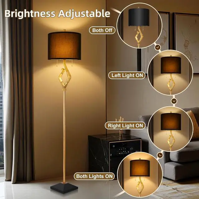 Alt view image 3 of 6 - Scenekoy Sculptural 64.5 Floor Lamp for Living Room Bedroom, Gold Leaf Finish & Black Faux Silk Shade, Pull Chains Switch Standing Lamp, Brightness Adjustable Lamp with Bulb Prefer for Home Office