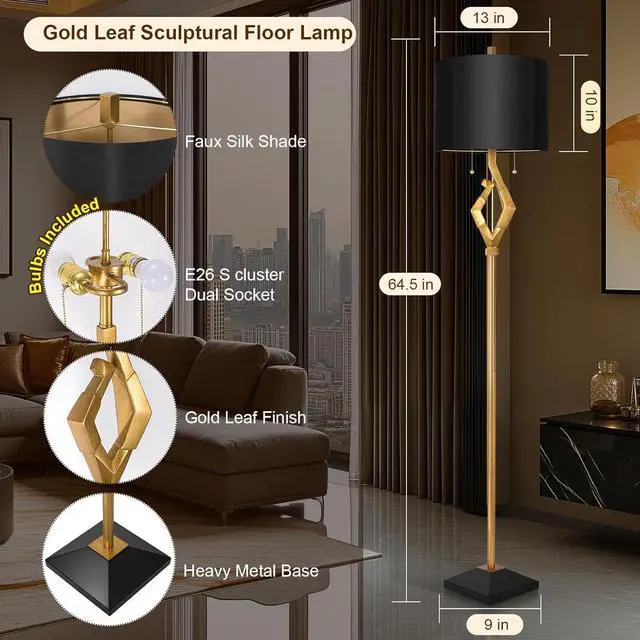 Alt view image 4 of 6 - Scenekoy Sculptural 64.5 Floor Lamp for Living Room Bedroom, Gold Leaf Finish & Black Faux Silk Shade, Pull Chains Switch Standing Lamp, Brightness Adjustable Lamp with Bulb Prefer for Home Office