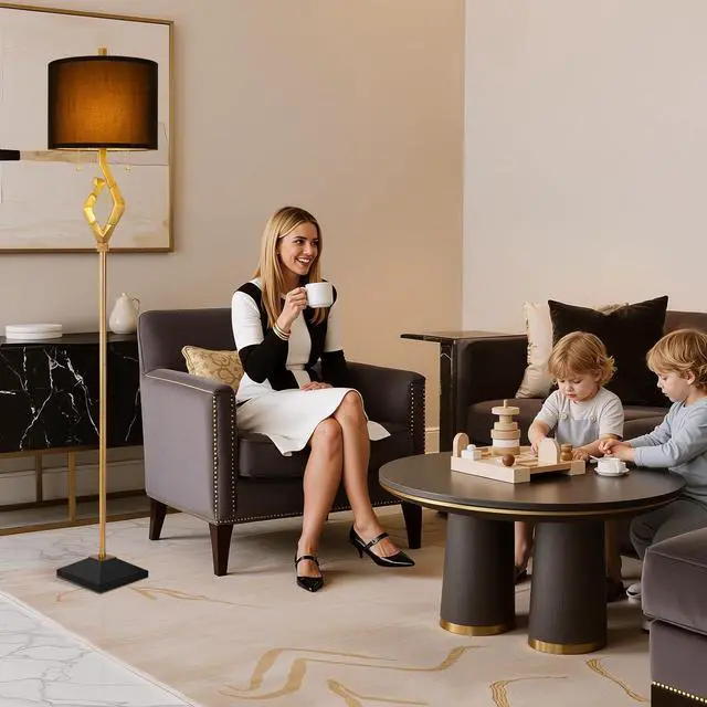 Alt view image 5 of 6 - Scenekoy Sculptural 64.5 Floor Lamp for Living Room Bedroom, Gold Leaf Finish & Black Faux Silk Shade, Pull Chains Switch Standing Lamp, Brightness Adjustable Lamp with Bulb Prefer for Home Office