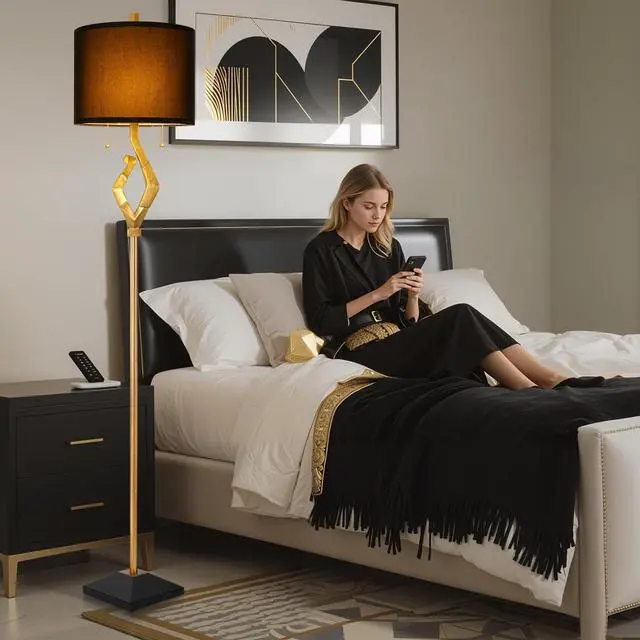 Alt view image 6 of 6 - Scenekoy Sculptural 64.5 Floor Lamp for Living Room Bedroom, Gold Leaf Finish & Black Faux Silk Shade, Pull Chains Switch Standing Lamp, Brightness Adjustable Lamp with Bulb Prefer for Home Office