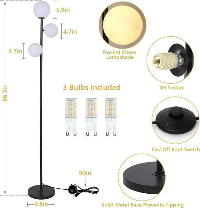 Alt view image 2 of 7 - 3 Globe Floor Lamps for Living Room, Black Standing Lamp with LED G9 Bulbs, Modern Floor Lamp with 3D Moon Printing Frosted Shades, Corner Tall Light for Bedroom, Stand Up Lamp for Office Kids Room