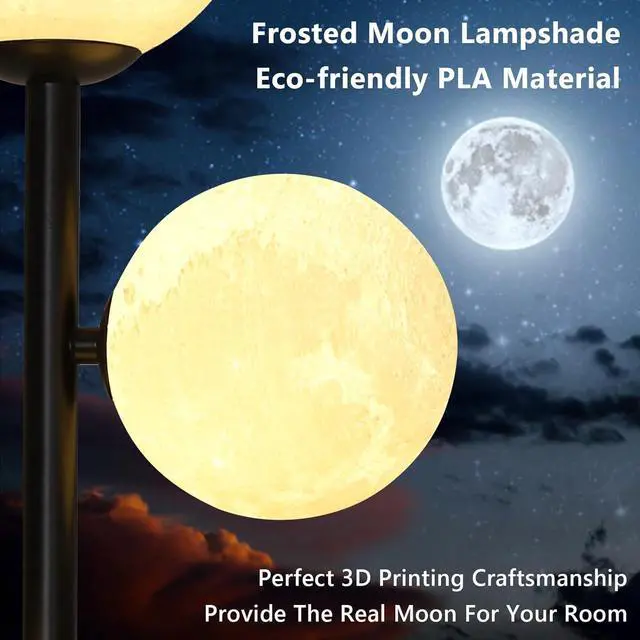 Alt view image 3 of 7 - 3 Globe Floor Lamps for Living Room, Black Standing Lamp with LED G9 Bulbs, Modern Floor Lamp with 3D Moon Printing Frosted Shades, Corner Tall Light for Bedroom, Stand Up Lamp for Office Kids Room