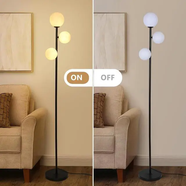 Alt view image 4 of 7 - 3 Globe Floor Lamps for Living Room, Black Standing Lamp with LED G9 Bulbs, Modern Floor Lamp with 3D Moon Printing Frosted Shades, Corner Tall Light for Bedroom, Stand Up Lamp for Office Kids Room