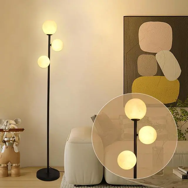 Alt view image 6 of 7 - 3 Globe Floor Lamps for Living Room, Black Standing Lamp with LED G9 Bulbs, Modern Floor Lamp with 3D Moon Printing Frosted Shades, Corner Tall Light for Bedroom, Stand Up Lamp for Office Kids Room