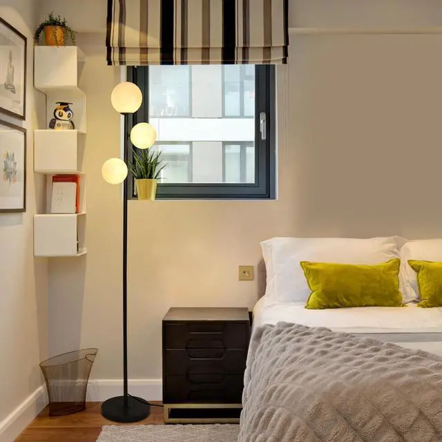 Alt view image 7 of 7 - 3 Globe Floor Lamps for Living Room, Black Standing Lamp with LED G9 Bulbs, Modern Floor Lamp with 3D Moon Printing Frosted Shades, Corner Tall Light for Bedroom, Stand Up Lamp for Office Kids Room