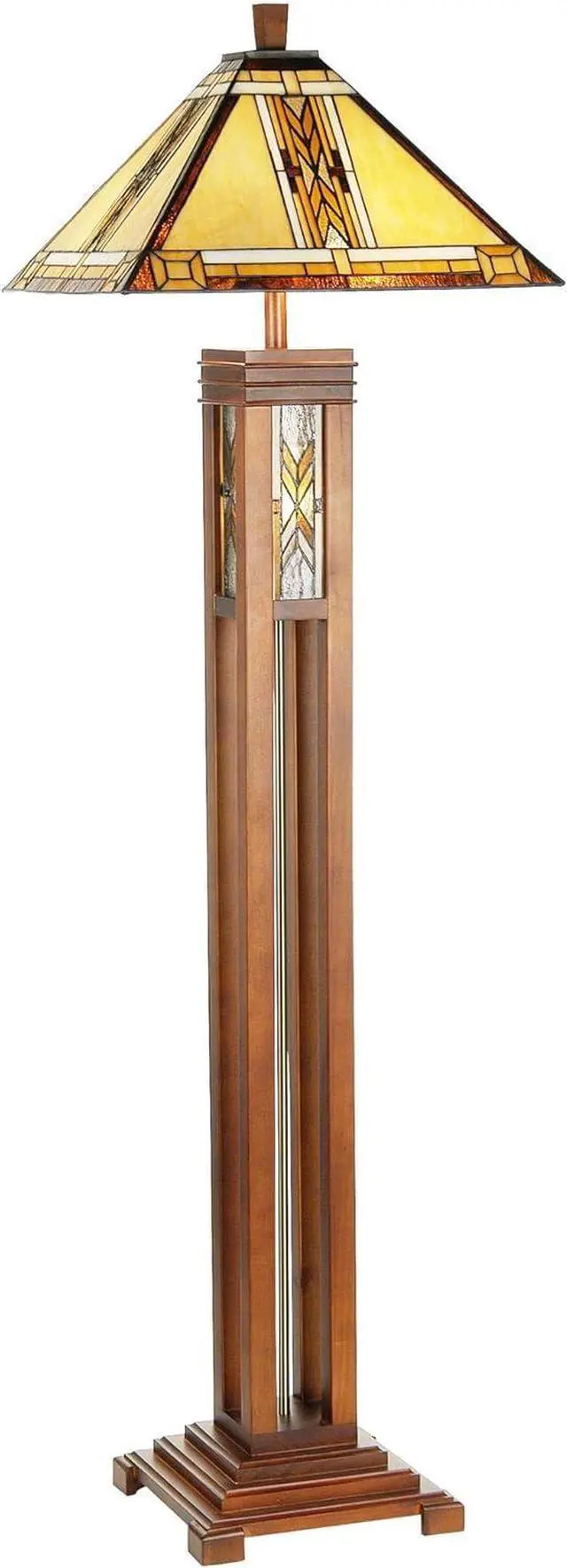 Main image of Robert Louis Tiffany Mission Rustic Tiffany Style Floor Lamp with Night Light 62.5" Tall Walnut Wood Column Square Geometric Stained Glass Shade Decor for Living Room Reading House Bedroom