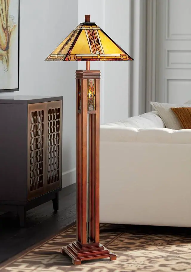 Alt view image 2 of 7 - Robert Louis Tiffany Mission Rustic Tiffany Style Floor Lamp with Night Light 62.5" Tall Walnut Wood Column Square Geometric Stained Glass Shade Decor for Living Room Reading House Bedroom