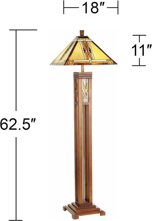 Alt view image 4 of 7 - Robert Louis Tiffany Mission Rustic Tiffany Style Floor Lamp with Night Light 62.5" Tall Walnut Wood Column Square Geometric Stained Glass Shade Decor for Living Room Reading House Bedroom