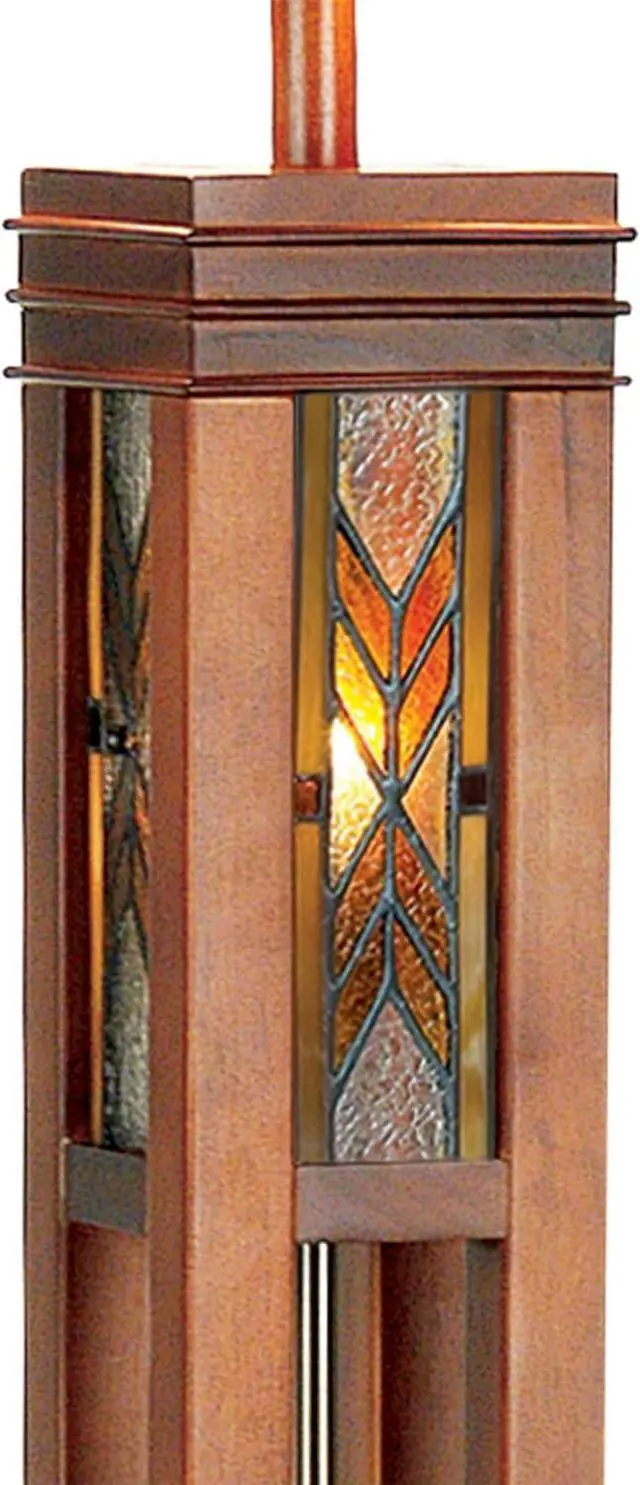 Alt view image 5 of 7 - Robert Louis Tiffany Mission Rustic Tiffany Style Floor Lamp with Night Light 62.5" Tall Walnut Wood Column Square Geometric Stained Glass Shade Decor for Living Room Reading House Bedroom