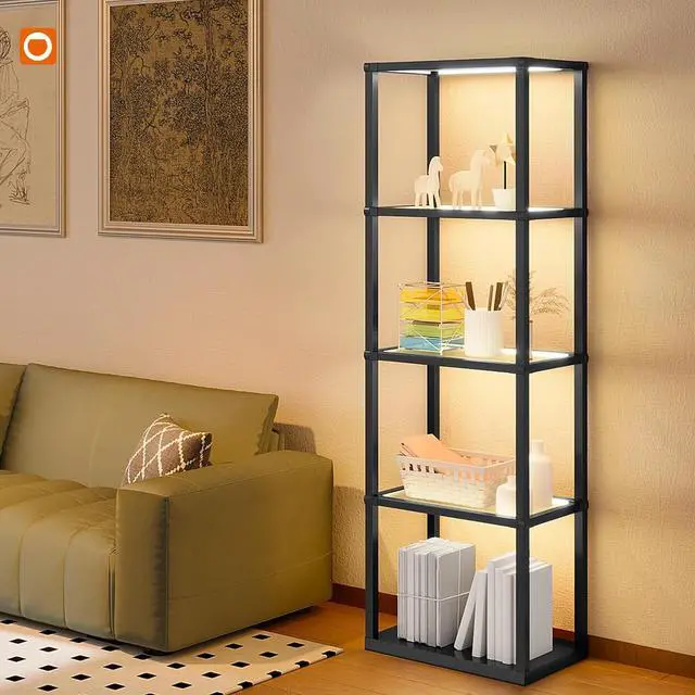 Alt view image 2 of 7 - addlon Tall Display Shelf, Dimmable LED Lighted Shelves, Display Cabinet with Remote, Glass Curio Cabinet Bookcase with 3 Color Temperatures, Floor Lamp with Shelves for Living Room Decor