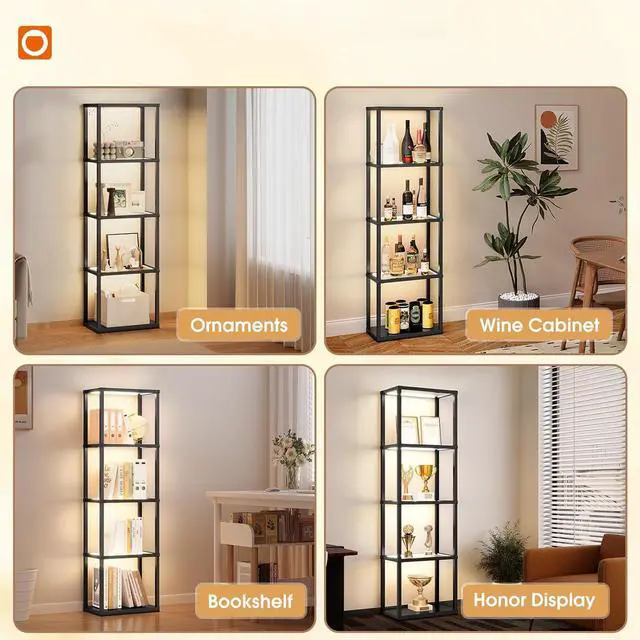 Alt view image 4 of 7 - addlon Tall Display Shelf, Dimmable LED Lighted Shelves, Display Cabinet with Remote, Glass Curio Cabinet Bookcase with 3 Color Temperatures, Floor Lamp with Shelves for Living Room Decor