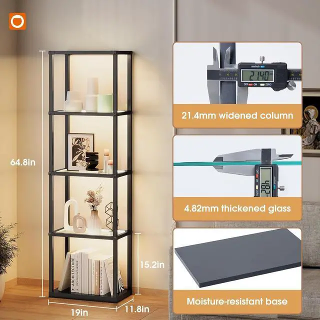 Alt view image 6 of 7 - addlon Tall Display Shelf, Dimmable LED Lighted Shelves, Display Cabinet with Remote, Glass Curio Cabinet Bookcase with 3 Color Temperatures, Floor Lamp with Shelves for Living Room Decor