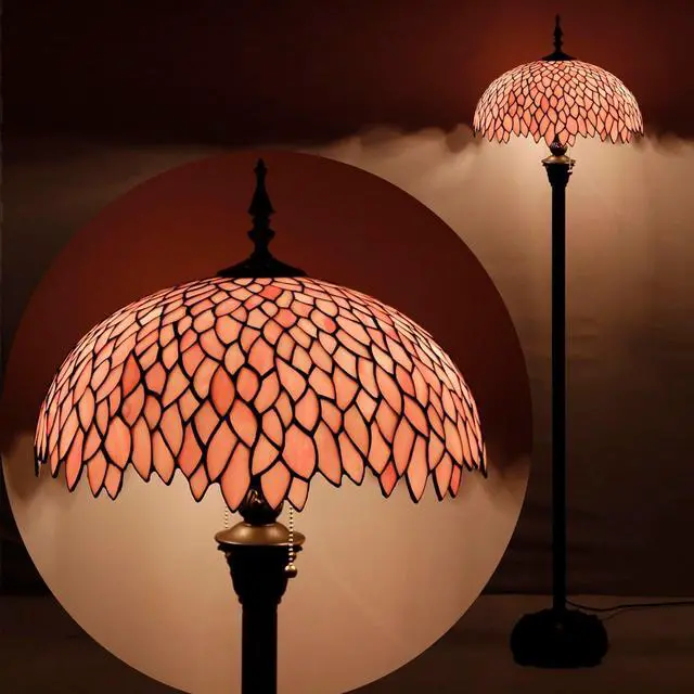 Alt view image 4 of 7 - WERFACTORY Tiffany Floor Lamp Pink Wisteria Stained Glass Standing Reading Light 16X16X64 Inches Antique Style Pole Corner Lamp Decor Bedroom Living Room Home Office S523P Series