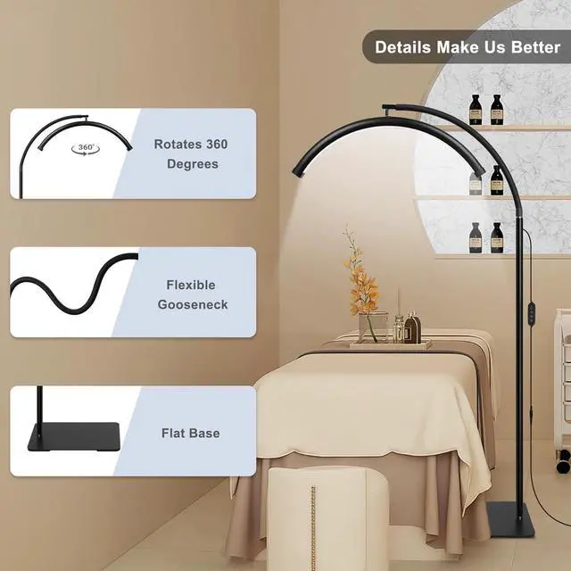 Alt view image 3 of 7 - Half Moon Light Lash Lamp, 19-Inch Shadow-Free LED with Flexible Gooseneck, 0-100% Dimmable, 2700K-5600K, 360° Rotating Head, for Lash Extensions, Tattoo, Facial, SPA, Salon (Glossy Black)