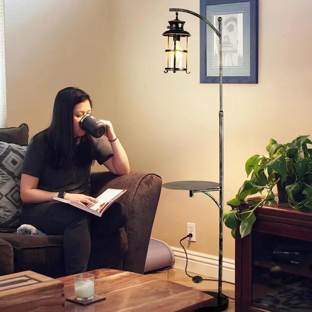 Alt view image 2 of 7 - beaysyty Farmhouse Retro Adjustable Floor Lamps with Tray Lantern Tall Standing lamp for Bedroom Home Decor for Office Living Room Bedroom, Knob Switch (Silver Gray)