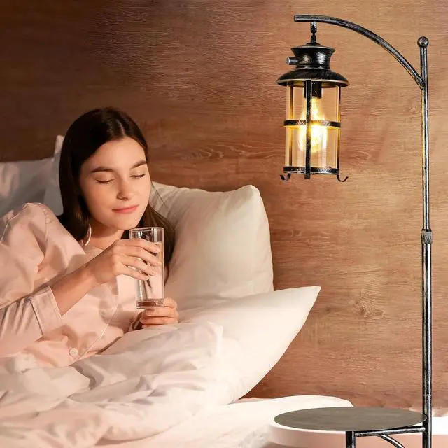 Alt view image 3 of 7 - beaysyty Farmhouse Retro Adjustable Floor Lamps with Tray Lantern Tall Standing lamp for Bedroom Home Decor for Office Living Room Bedroom, Knob Switch (Silver Gray)