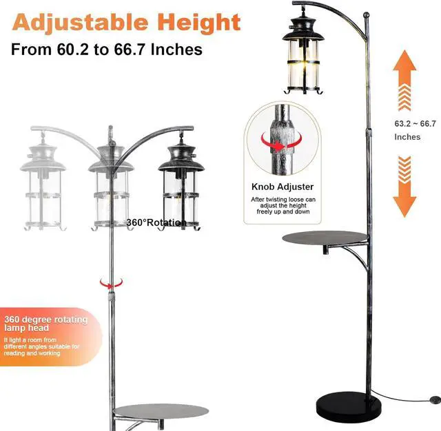 Alt view image 6 of 7 - beaysyty Farmhouse Retro Adjustable Floor Lamps with Tray Lantern Tall Standing lamp for Bedroom Home Decor for Office Living Room Bedroom, Knob Switch (Silver Gray)