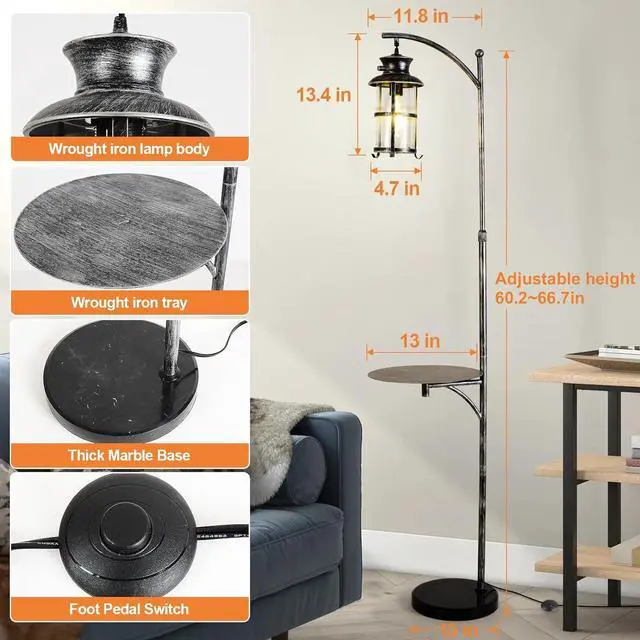 Alt view image 7 of 7 - beaysyty Farmhouse Retro Adjustable Floor Lamps with Tray Lantern Tall Standing lamp for Bedroom Home Decor for Office Living Room Bedroom, Knob Switch (Silver Gray)
