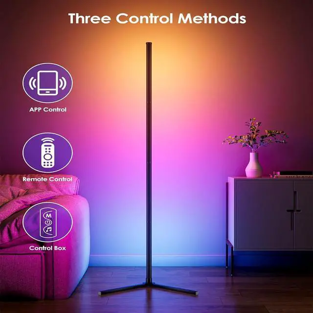 Alt view image 5 of 7 - LED Floor Lamp, RGB Corner Floor Lamp with APP Remote Control,Black Standing Lamp with 16 Million Colors Changing Ambience Light with Music Sync,DIY Mode for Living Room, Bedroom (1)