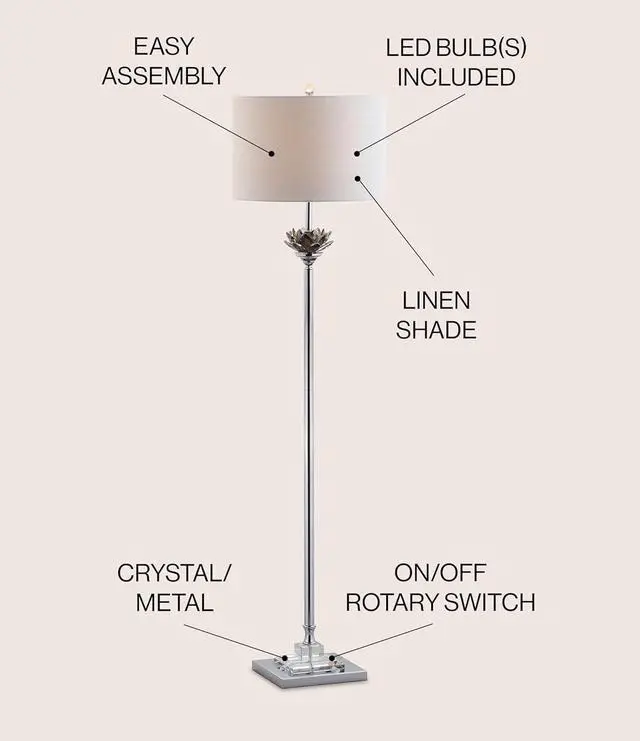 Alt view image 2 of 6 - JONATHAN Y JYL2032A Amelia Lotus 59" Crystal/Metal LED Floor Lamp Contemporary,Transitional,Traditional for Bedrooms, Living Room, Office, Reading, SmokeGray/Chrome
