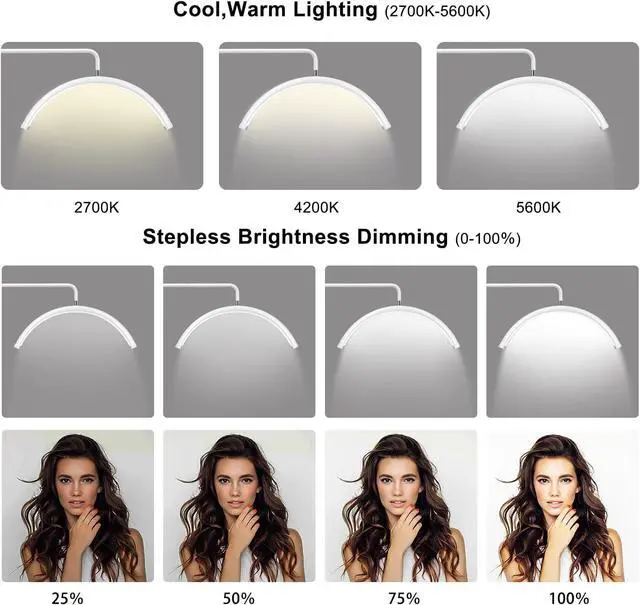 Alt view image 3 of 7 - Half Moon Light - 22 inch LED Lash Lamp for Eyelash Extensions for Tattoo Artists, Nail Tech, Esthetician - Cool, Warm Lamp with Adjustable Brightness & Height (White)