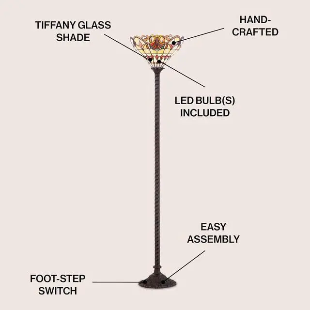Alt view image 2 of 6 - JONATHAN Y JYL8003A Davis Tiffany-Style 70" Torchiere LED Floor Lamp, Tiffany, Traditional, Foot-Step Switch, Office, Living Room, Family Room, Dining Room, Bedroom, Hallway, Foyer, Bronze