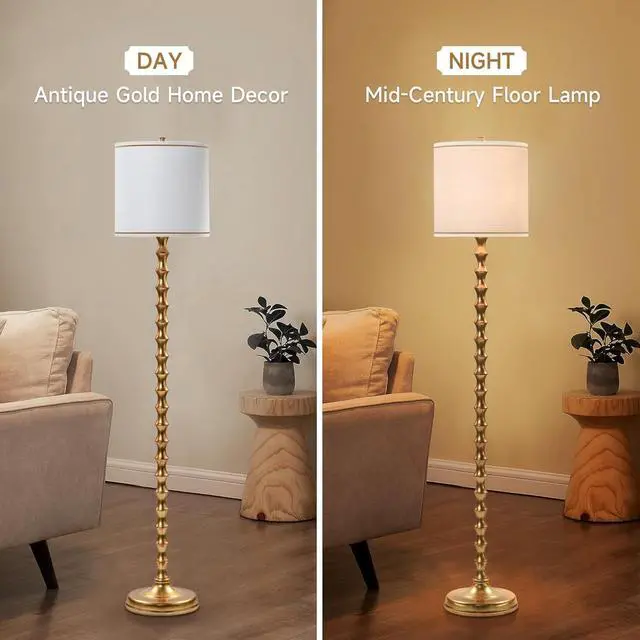 Alt view image 2 of 7 - 64.5" Gold Floor Lamp for Living Room, Gold Bamboo Floor Lamps for Bedroom, Tall Skinny Lamp for Home Decor, Mid Century Antique Floor Lamps with White Lampshade