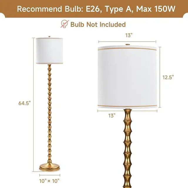 Alt view image 3 of 7 - 64.5" Gold Floor Lamp for Living Room, Gold Bamboo Floor Lamps for Bedroom, Tall Skinny Lamp for Home Decor, Mid Century Antique Floor Lamps with White Lampshade