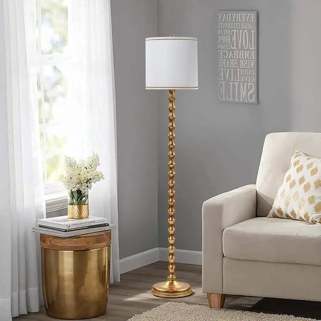 Alt view image 5 of 7 - 64.5" Gold Floor Lamp for Living Room, Gold Bamboo Floor Lamps for Bedroom, Tall Skinny Lamp for Home Decor, Mid Century Antique Floor Lamps with White Lampshade