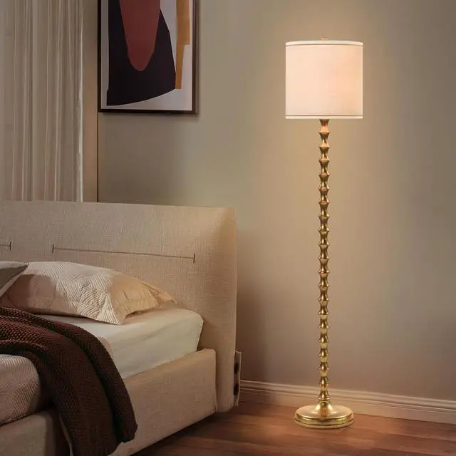 Alt view image 6 of 7 - 64.5" Gold Floor Lamp for Living Room, Gold Bamboo Floor Lamps for Bedroom, Tall Skinny Lamp for Home Decor, Mid Century Antique Floor Lamps with White Lampshade