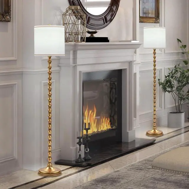 Alt view image 7 of 7 - 64.5" Gold Floor Lamp for Living Room, Gold Bamboo Floor Lamps for Bedroom, Tall Skinny Lamp for Home Decor, Mid Century Antique Floor Lamps with White Lampshade