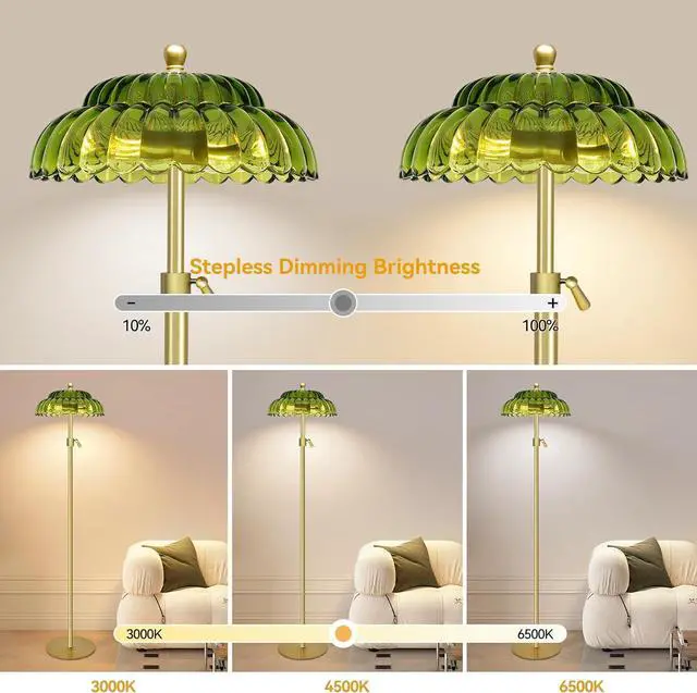 Alt view image 2 of 7 - Vintage Floor Lamp with Remote Control, Gold Floor Lamp with 3 Color Temperature,Mid Century Modern Standing Lamp with Glass Lamp Shape,Brass Flower Lamp Tall Glass Floor Lamps for Living Room Bedroom