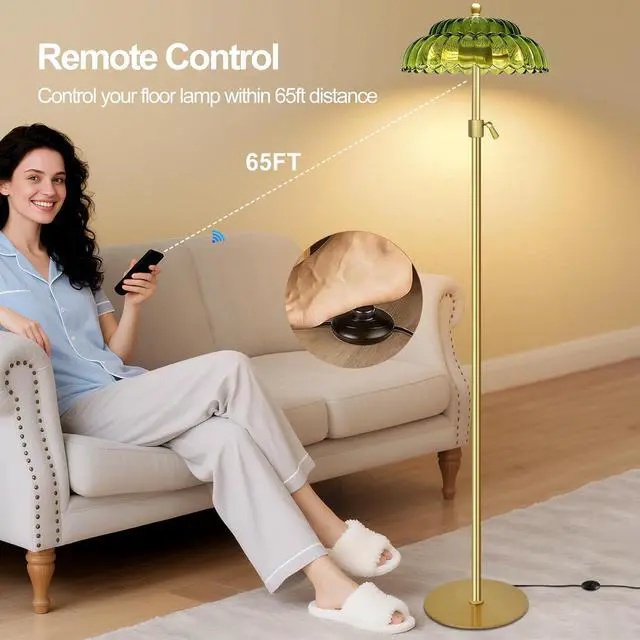 Alt view image 4 of 7 - Vintage Floor Lamp with Remote Control, Gold Floor Lamp with 3 Color Temperature,Mid Century Modern Standing Lamp with Glass Lamp Shape,Brass Flower Lamp Tall Glass Floor Lamps for Living Room Bedroom