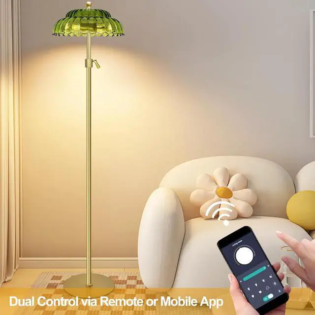 Alt view image 6 of 7 - Vintage Floor Lamp with Remote Control, Gold Floor Lamp with 3 Color Temperature,Mid Century Modern Standing Lamp with Glass Lamp Shape,Brass Flower Lamp Tall Glass Floor Lamps for Living Room Bedroom