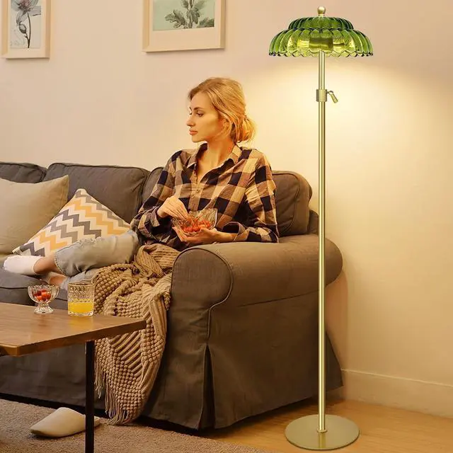 Alt view image 3 of 7 - Vintage Floor Lamp with Remote Control, Gold Floor Lamp with 3 Color Temperature,Mid Century Modern Standing Lamp with Glass Lamp Shape,Brass Flower Lamp Tall Glass Floor Lamps for Living Room Bedroom