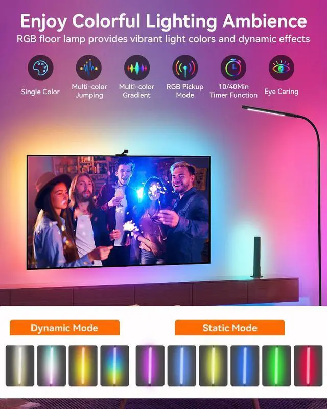 Alt view image 2 of 7 - Pak Smart RGB Floor Lamp, LED Floor Lamp for Living Room, Modern Adjustable Gooseneck Standing Lamp with Music Sync, Scene Modes, Remote & Touch Control, Eye-Caring Reading Light for Bedroom Gaming