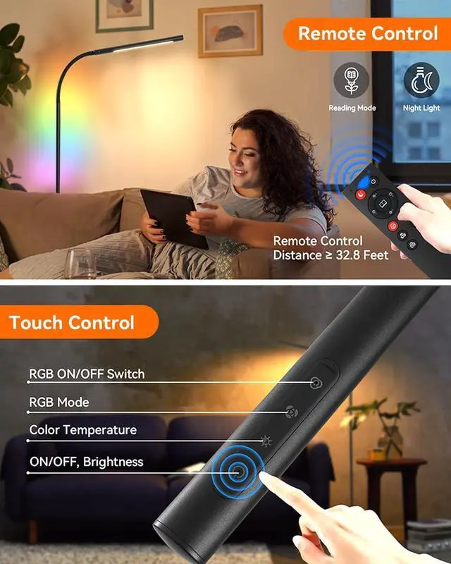 Alt view image 3 of 7 - Pak Smart RGB Floor Lamp, LED Floor Lamp for Living Room, Modern Adjustable Gooseneck Standing Lamp with Music Sync, Scene Modes, Remote & Touch Control, Eye-Caring Reading Light for Bedroom Gaming