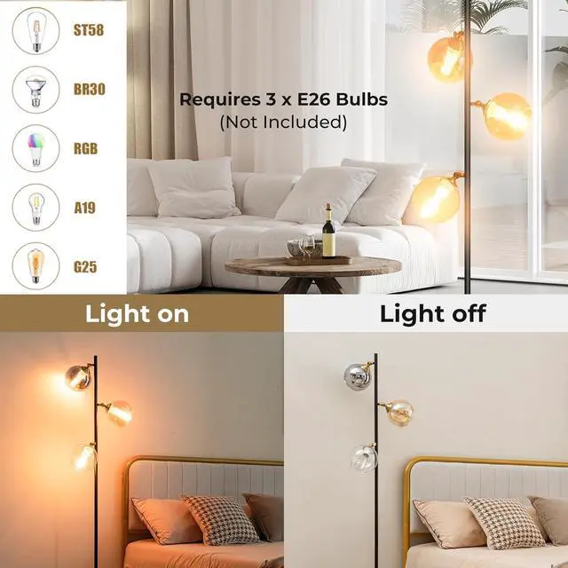 Alt view image 4 of 7 - Tangkula Mid Century Floor Lamp, Modern Freestanding Lamp with 3 Glass Globe Lampshades, Weighted Base, Convenient Foot Switch, Standing Tree Lamp for Bedroom Living Room, E26 Bulb Base (Art Deco)