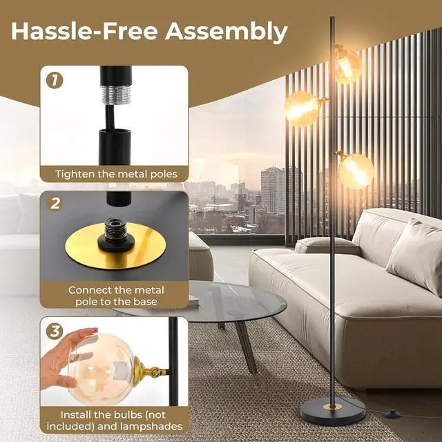 Alt view image 5 of 7 - Tangkula Mid Century Floor Lamp, Modern Freestanding Lamp with 3 Glass Globe Lampshades, Weighted Base, Convenient Foot Switch, Standing Tree Lamp for Bedroom Living Room, E26 Bulb Base (Art Deco)