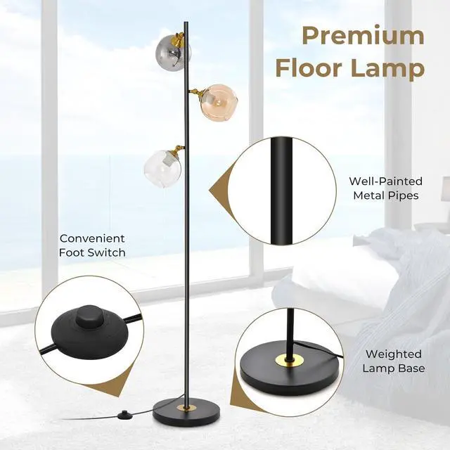 Alt view image 6 of 7 - Tangkula Mid Century Floor Lamp, Modern Freestanding Lamp with 3 Glass Globe Lampshades, Weighted Base, Convenient Foot Switch, Standing Tree Lamp for Bedroom Living Room, E26 Bulb Base (Art Deco)