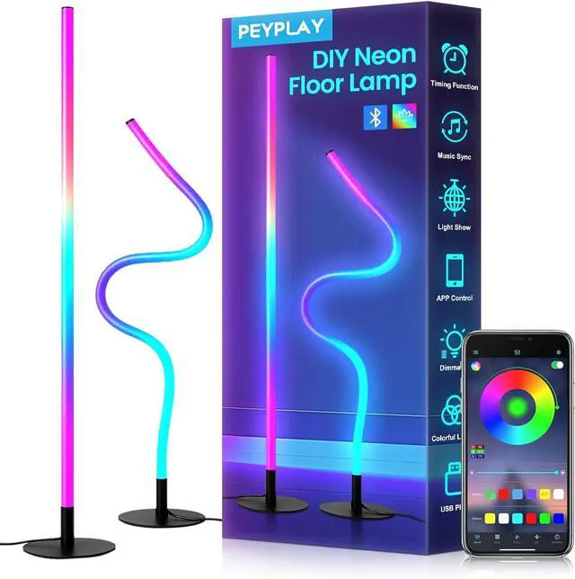 Main image of RGB LED Corner Floor Lamp, Smart Adjustable Shape, Music Sync, 16 Million DIY Colors, Remote & App Control, Modern Standing Light for Bedroom Living Room (Circular Base)
