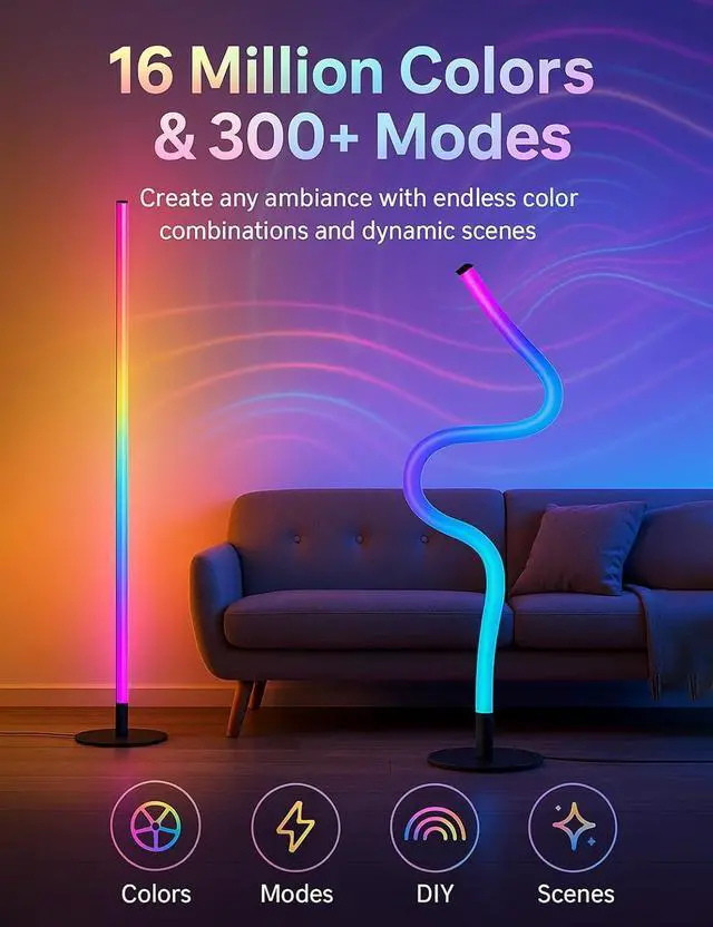 Alt view image 2 of 7 - RGB LED Corner Floor Lamp, Smart Adjustable Shape, Music Sync, 16 Million DIY Colors, Remote & App Control, Modern Standing Light for Bedroom Living Room (Circular Base)