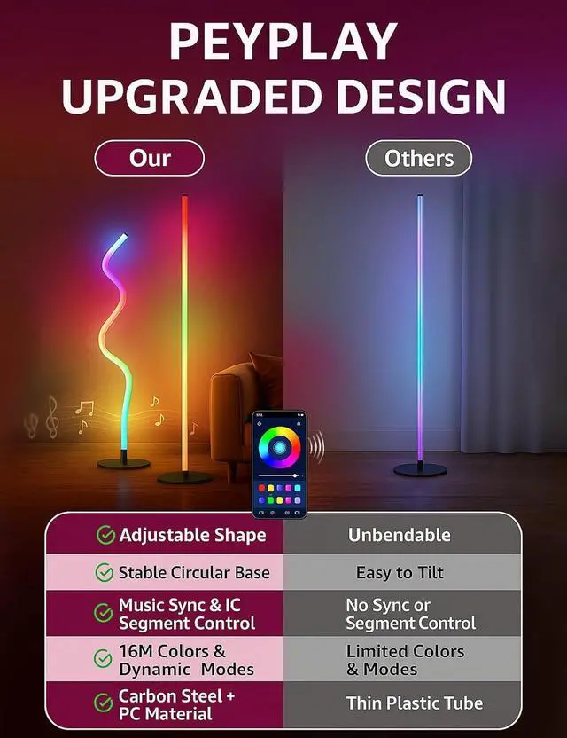 Alt view image 5 of 7 - RGB LED Corner Floor Lamp, Smart Adjustable Shape, Music Sync, 16 Million DIY Colors, Remote & App Control, Modern Standing Light for Bedroom Living Room (Circular Base)