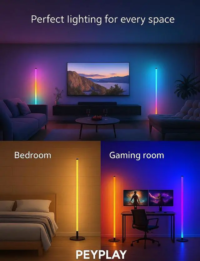 Alt view image 3 of 7 - RGB LED Corner Floor Lamp, Smart Adjustable Shape, Music Sync, 16 Million DIY Colors, Remote & App Control, Modern Standing Light for Bedroom Living Room (Circular Base)