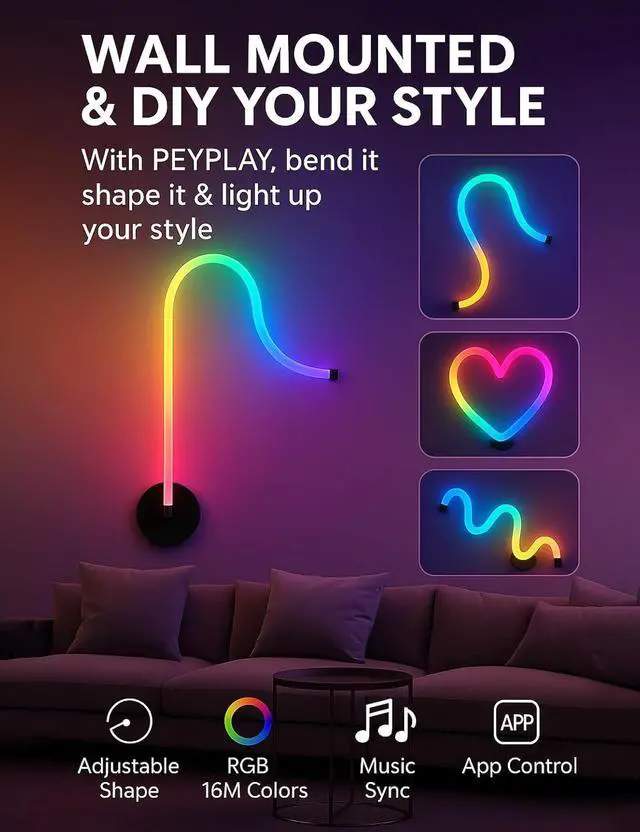 Alt view image 6 of 7 - RGB LED Corner Floor Lamp, Smart Adjustable Shape, Music Sync, 16 Million DIY Colors, Remote & App Control, Modern Standing Light for Bedroom Living Room (Circular Base)