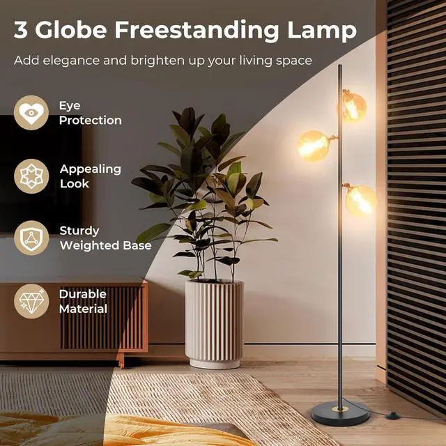 Alt view image 7 of 7 - Tangkula Mid Century Floor Lamp, Modern Freestanding Lamp with 3 Glass Globe Lampshades, Weighted Base, Convenient Foot Switch, Standing Tree Lamp for Bedroom Living Room, E26 Bulb Base (Art Deco)