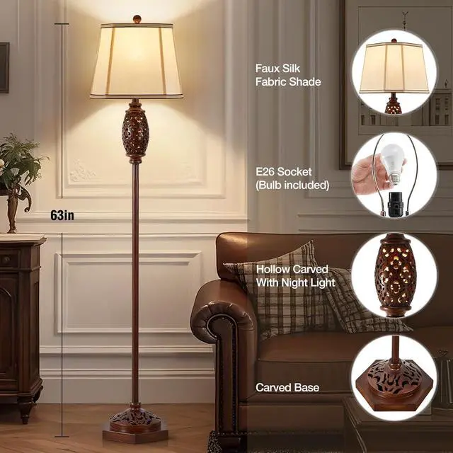 Alt view image 2 of 7 - Luvkczc Vintage Floor Lamp - Brown Carved Resin with Hollow Light Design, Rustic Standing Lamp for Living Room, Bedroom, Study(Bulb Included)